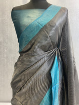 Black and Turquoise Pure katan dupion silk banarasi saree in silver zari