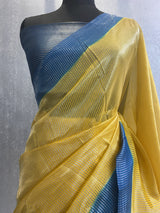 Yellow and Teal Blue Pure katan dupion silk banarasi saree in silver zari