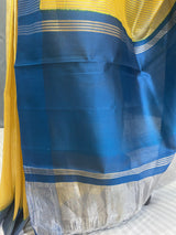 Yellow and Teal Blue Pure katan dupion silk banarasi saree in silver zari