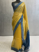 Yellow and Teal Blue Pure katan dupion silk banarasi saree in silver zari
