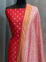 Banarasi Red Handwoven Munga Silk Dress Material