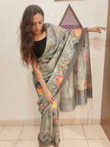 Grey Digital Print Banarasi Cotton Silk Saree