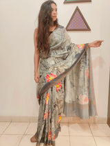 Grey Digital Print Banarasi Cotton Silk Saree