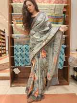 Grey Digital Print Banarasi Cotton Silk Saree