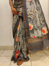 Grey Digital Print Banarasi Cotton Silk Saree