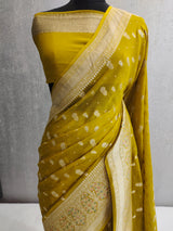 Khaddi Georgett Mehandi Green Banarasi Saree