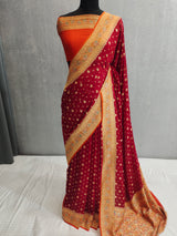 Khaddi Georgett Red Banarasi Saree