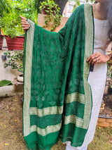 Bottle Green Bandhej Pure Silk Dupatta