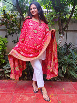 Red Khaddi Georgette Bandhej with Handwork Dupatta