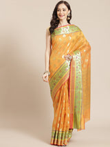 Mustard yellow zari booti semi silk banarasi saree