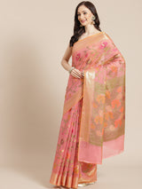 Pink cotton silk floral design banarasi saree