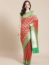 Red and green color semi katan silk banarasi saree