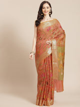 Peach cotton silk floral design banarasi saree