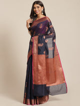 Navy blue colored semi cotton saree