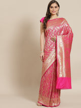 Pink color zari work semi katan banarasi saree