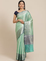 Teal green colored semi silk blend banarasi saree