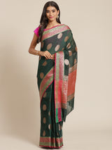 Bottle green colored semi cotton saree