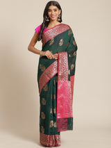 Bottle green colored semi cotton saree