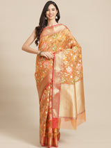 blended Peach Semi Organza Silk Banarasi Saree