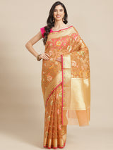 Tinted Peach Semi Organza Silk Banarasi Saree