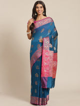 Blue and pink colored semi cotton saree