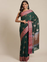 Bottle green colored semi cotton saree