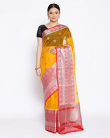 Lemon Yellow Organza Silk Blend Zari Booti Banarasi Saree