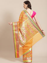 Mustard yellow semi organza silk banarasi saree