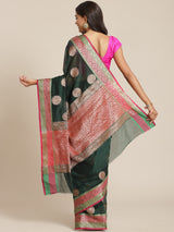 Bottle green colored semi cotton saree