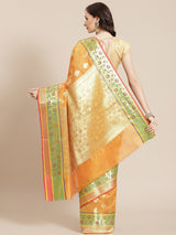 Mustard yellow zari booti semi silk banarasi saree