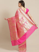 Pink color zari work semi katan banarasi saree