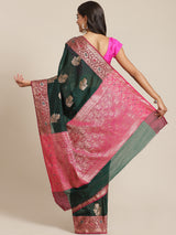 Bottle green colored semi cotton saree