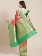 Red and green color semi katan silk banarasi saree