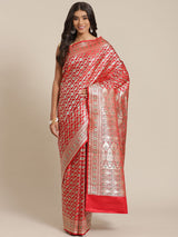 Red colored semi katan saree