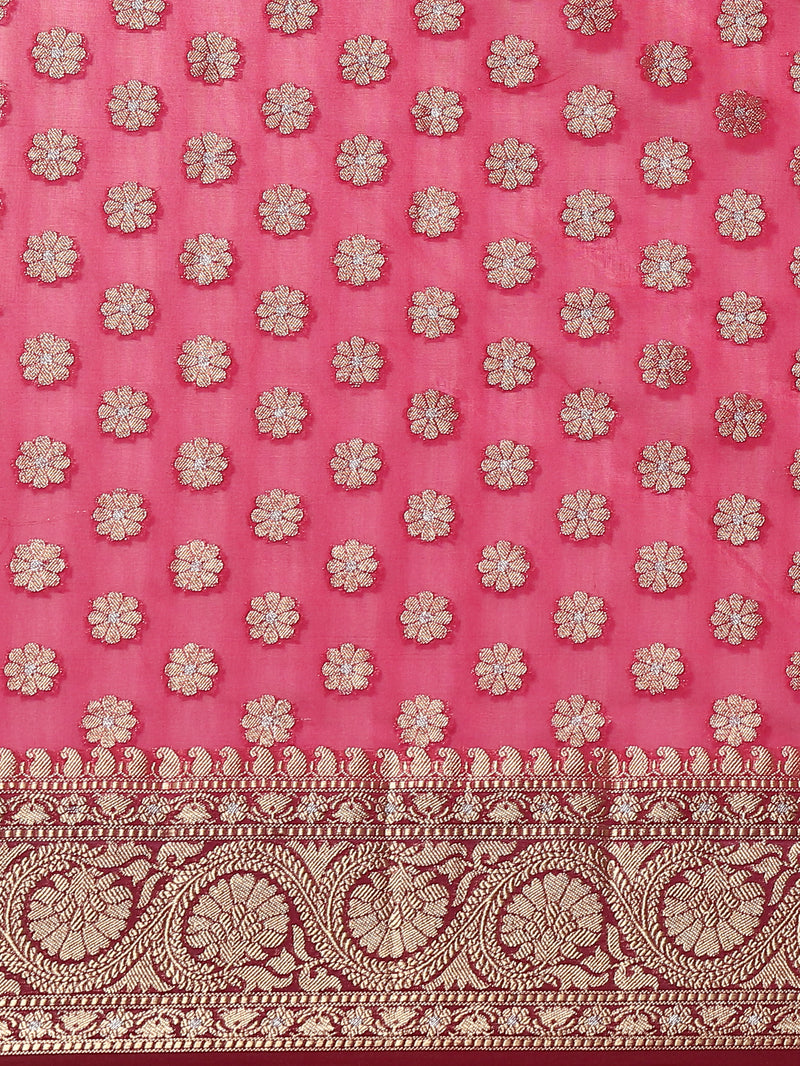 Fuschia Pink Banarsi Silk Sari With Zari Work