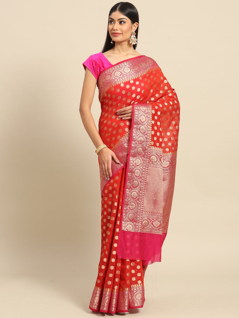 Red Silk Banarsi Sari With Zari Work With Contrast Pink Dye