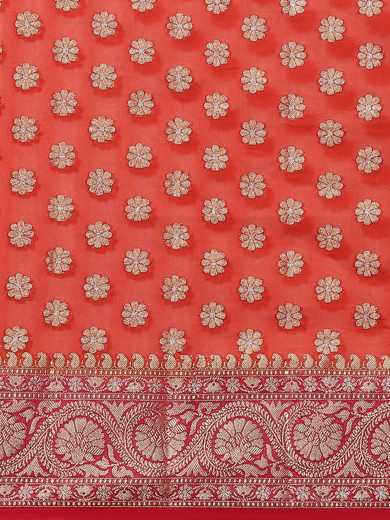 Red Silk Banarsi Sari With Zari Work With Contrast Pink Dye