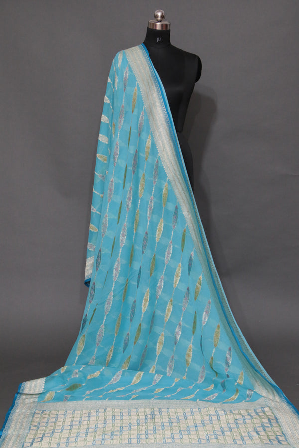 FIROZI BLUE KHADDI GEORGETTE RANGKAAT BANARASI SAREE