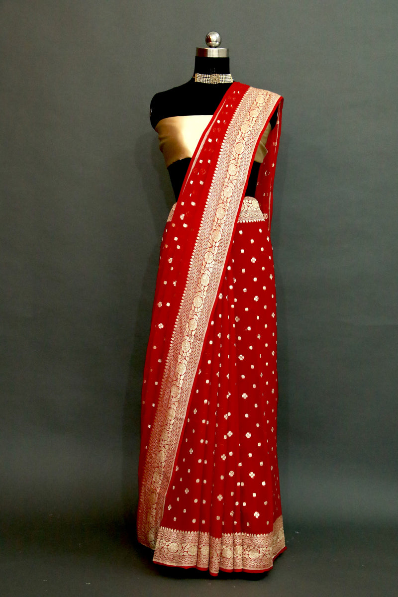 Red khaddi georgette cutwork saree