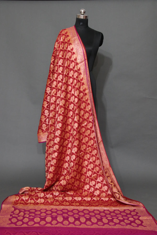 RED CHIFFON CHAP DYE BANARASI SAREE