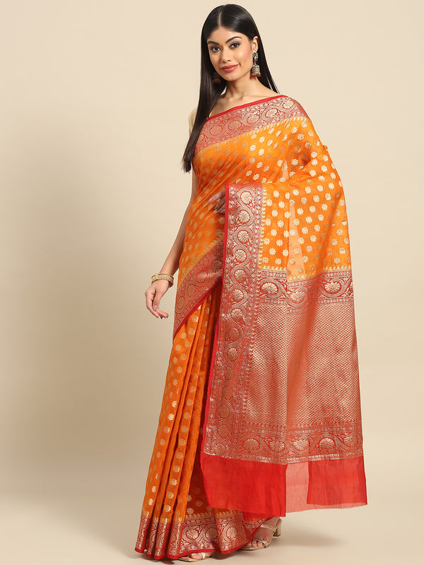 Red and Orange Zari Work Silk Saree
