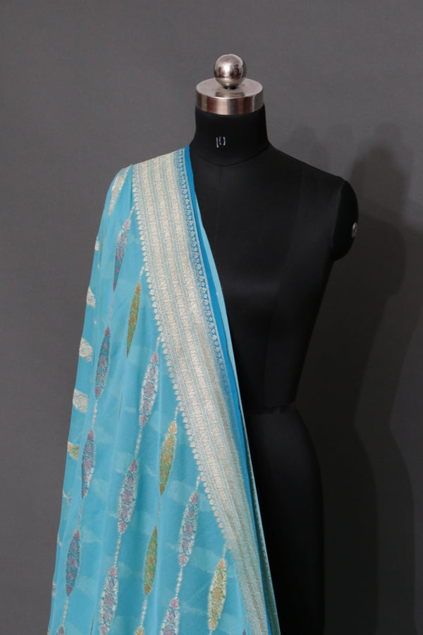 FIROZI BLUE KHADDI GEORGETTE RANGKAAT BANARASI SAREE