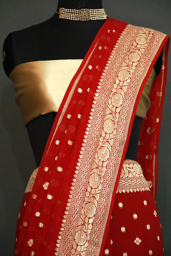 Red khaddi georgette cutwork saree
