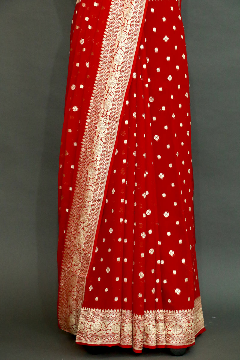 Red khaddi georgette cutwork saree
