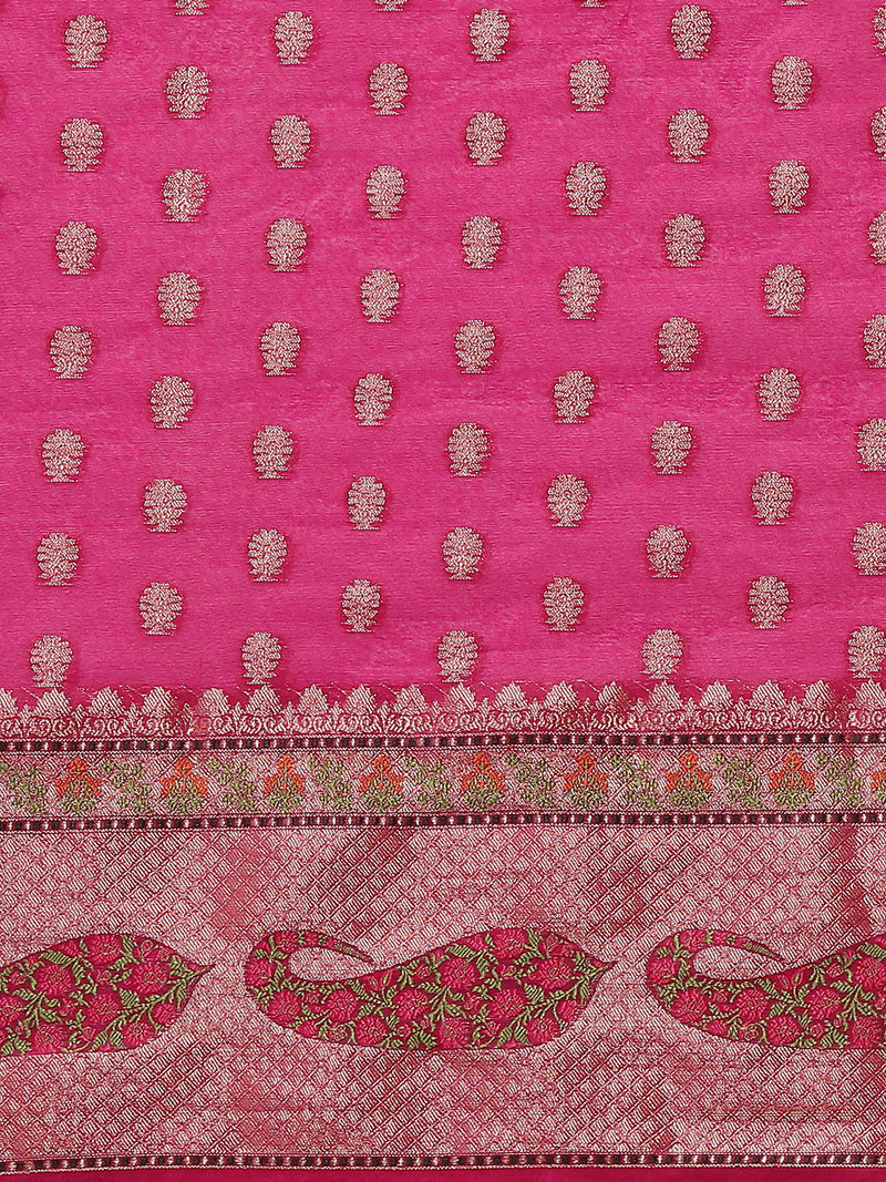 Fuschia Pink Banarsi Silk Saree With Tifli Border