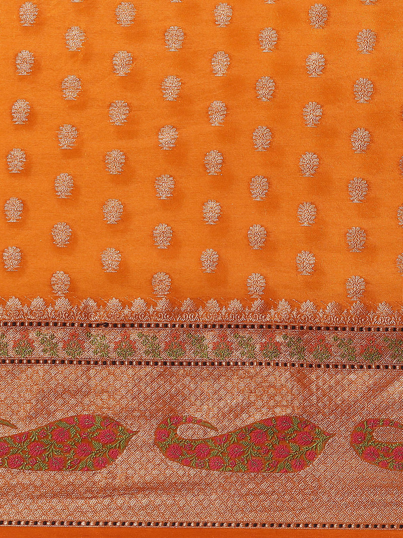 Orange Banarsi Silk Saree With Tifli Border