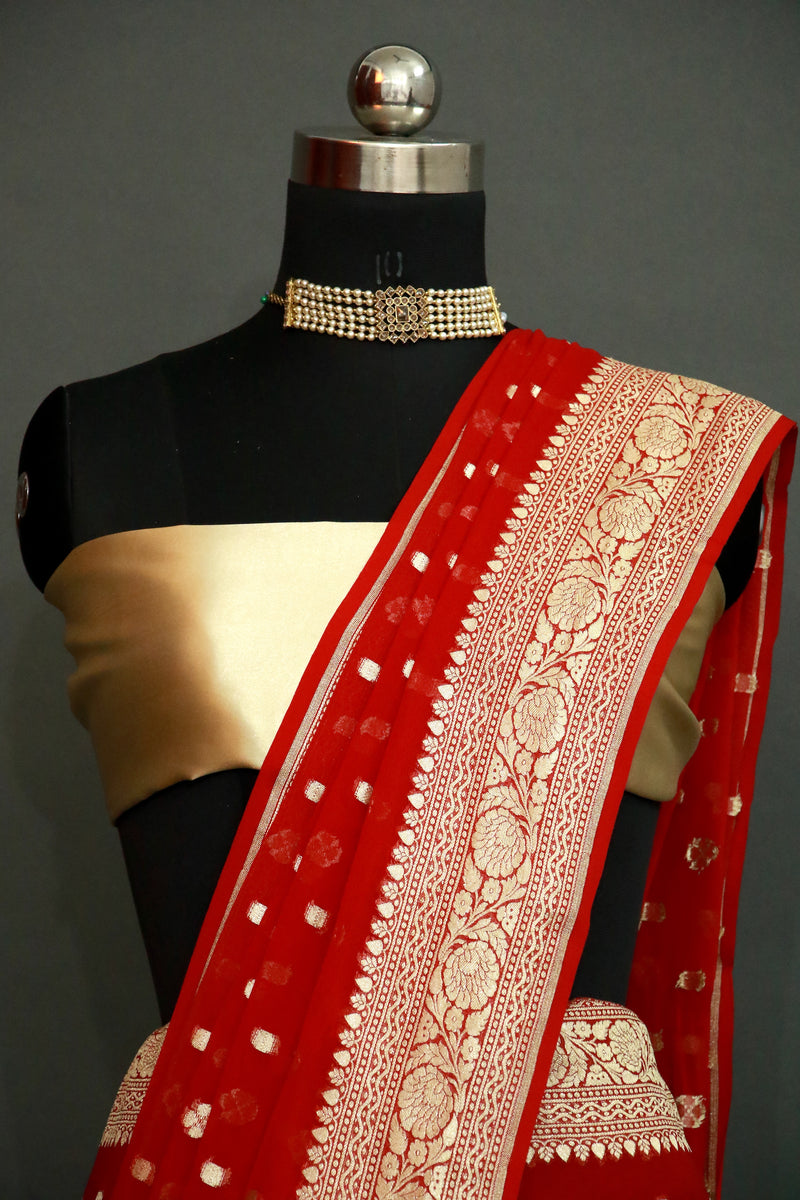 Red khaddi georgette cutwork saree