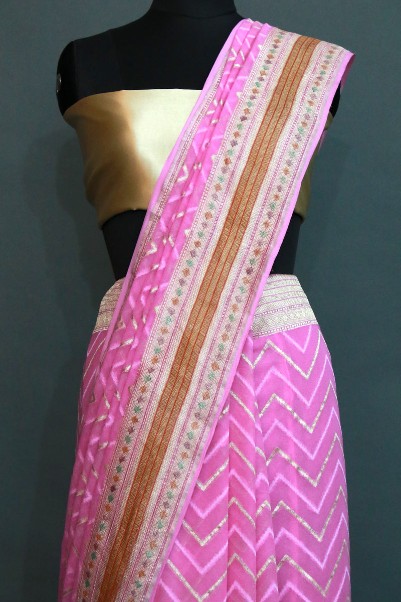 Pink Khaddi Georgette Alfi Meenakari saree