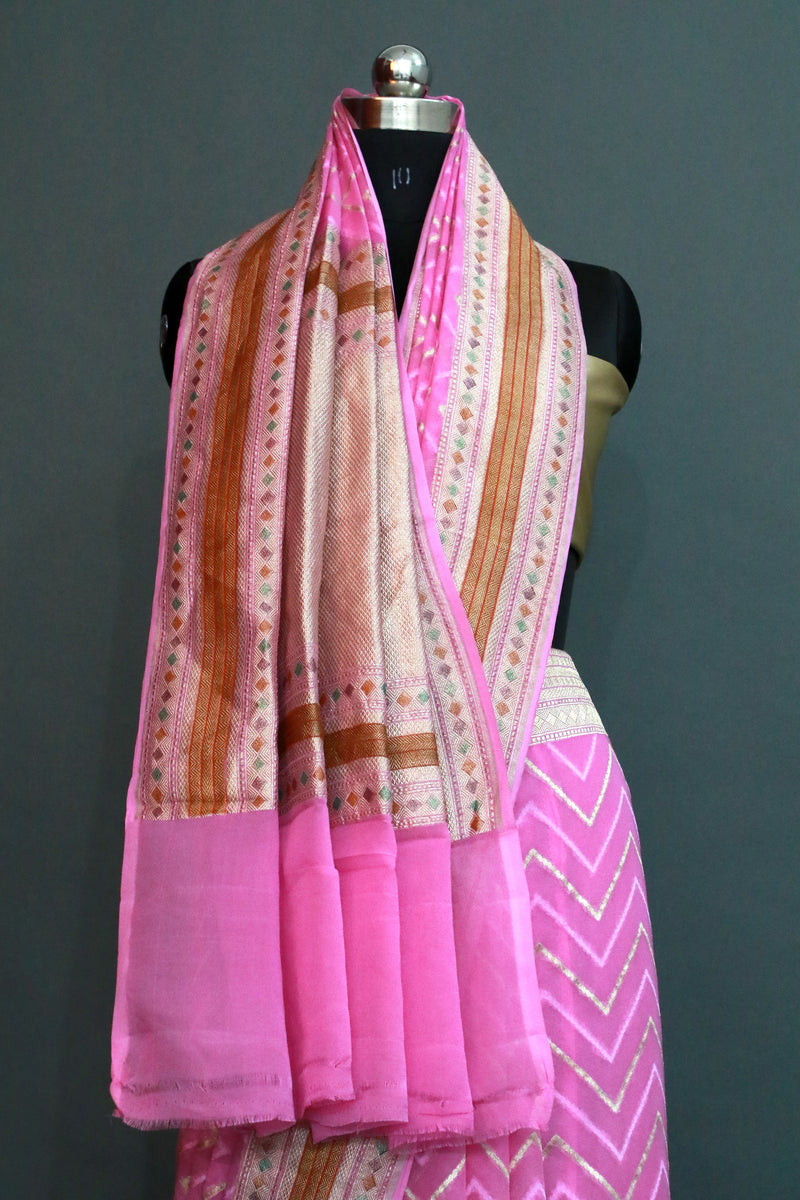 Pink Khaddi Georgette Alfi Meenakari saree