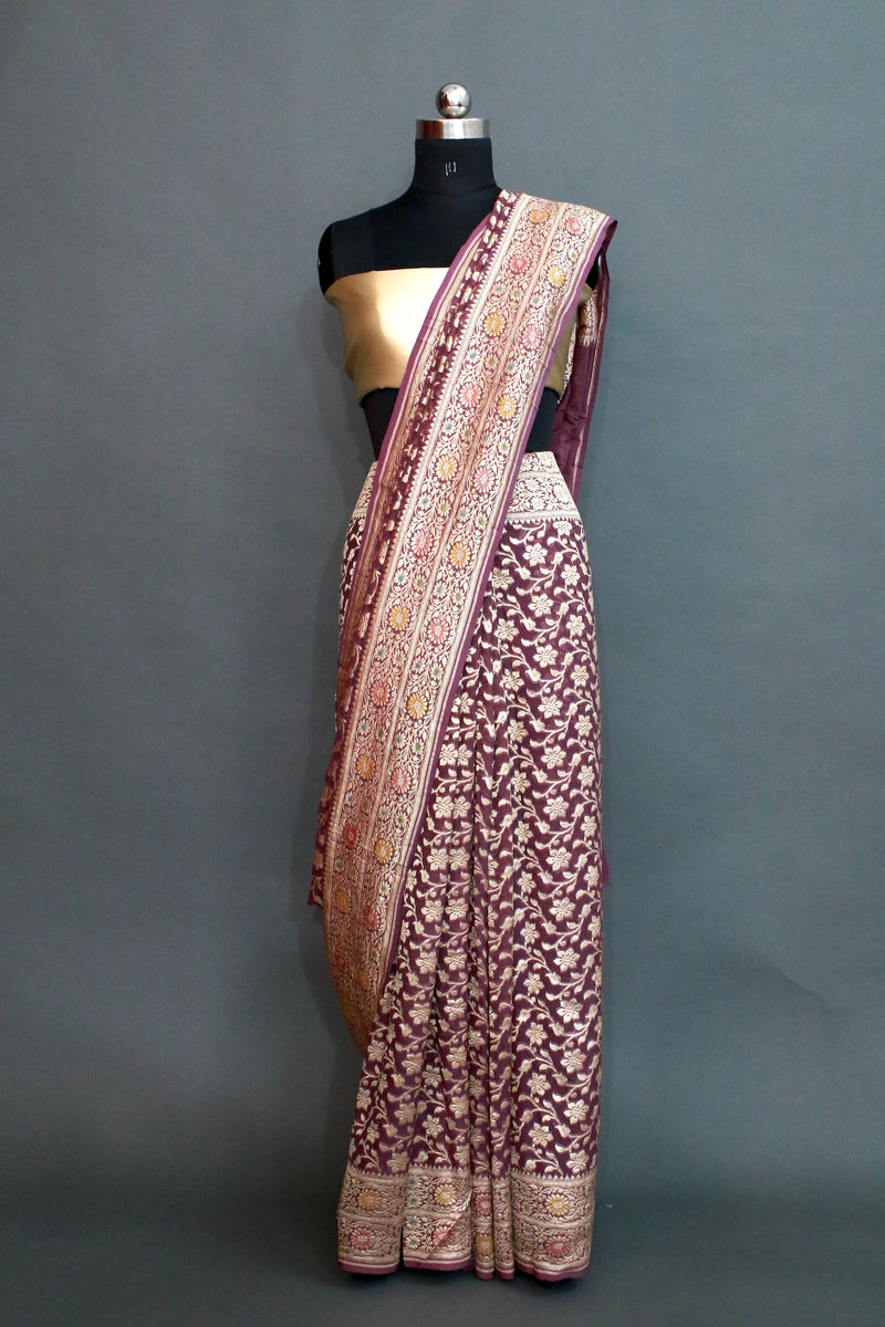 Mauve khaddi georgette cutwork floral jaal meenakari banarasi saree